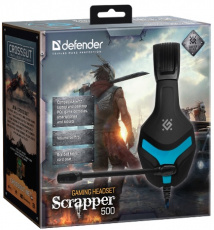 Наушники Defender Scrapper 500 (полноразмерные закрытые, с микрофоном, регулятор, 2m, игровые, промо-код "Crossout", black-blue)
