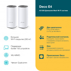 MESH-комплект TP-LINK Deco E4 (2-pack) (300/867Mbps, 2.4/5GHz, 1 port, 100Mbps, 2 внутренние антенны 20dBi, white-grey)