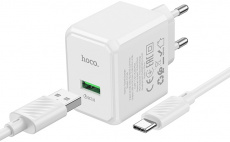 Адаптер питания hoco CS12A Ocean (110-240V - USB, 5V-3А, 9V-2A, 12V-1.5A, 18W, быстрая зарядка, QC3.0, кабель Type-C 1m, white)