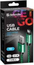 Кабель USB 2.0 Am - Type-C 1.0m (USB09-03T PRO, 2.1A, нейлоновая оплётка, green) Defender