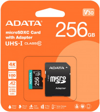 Карта памяти SDXCmicro Card 256GB ADATA (AUSDX256GUI3V30SA2-RA1, Class 10, UHS-I U3, 100/85MB/s, адаптер SD)