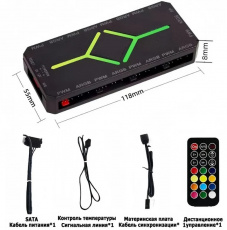 Контроллер ARGB (SATA, 9x 4PIN (PWM) + 9x 3PIN (ARGB 5V Interface), пульт ДУ, black) Leader