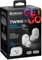 Гарнитура Defender Twins 905 (затычки, беспроводная, Bluetooth 5.0, с микрофоном, до 4 часов работы от батареи, white)