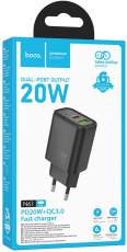 Адаптер питания hoco N61 Gentle (100-240V - 2x USB, USB Type-C, 5V-3А, 9V-2.2A, 12V-1.6A, 20W, быстрая зарядка, QC3.0, PD, GaN, black)