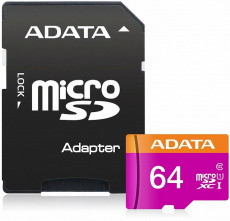 Карта памяти SDXCmicro Card 64Gb ADATA (AUSDX64GUICL10-RA1, Class 10, UHS-I, 80MB/s, адаптер SD)