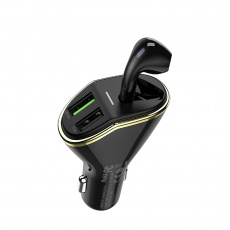 Гарнитура автомобильная (Handsfree) hoco E47 Traveller (вкладыш моно правый, беспроводная, Bluetooth 5.0, с микрофоном, до 2.5 часов работы от батареи, зарядное устройство в прикуриватель, 2*USB 3.1A, быстрая зарядка, black)