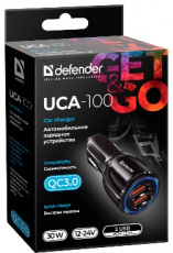 Зарядное устройство скоростное от прикуривателя Defender UCA-100 (12-24V, 2 USB разъёма, 3A, 30W, black)