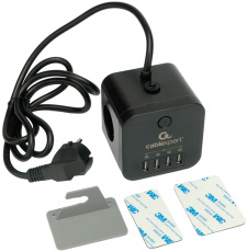 Сетевой фильтр Cablexpert Cube (CUBE-3-U4-B-1.5, 3 розетки, 1.5 метра, 4*USB 2.1A (3.1A max), 2200W, 10A, black) RTL