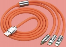 Кабель USB 2.0 Am - Lightning + micro USB + Type-C 1.2m (6A, 120W, быстрая зарядка, силиконовый, orange-silver)