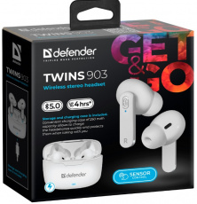 Гарнитура Defender Twins 903 (затычки, беспроводная, Bluetooth 5.0, с микрофоном, до 4 часов работы от батареи, white)
