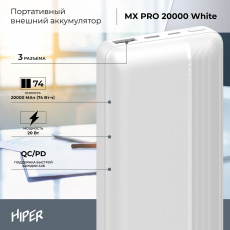 Внешний аккумулятор Hiper MX PRO 20000 (литий-полимерный, 20000mAh, 2*USB 3,6A, 20W, вход 3А, QC, PD, white)