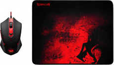 Игровой набор Redragon M601BA - Мышь (USB, optical, 3200dpi, игровая, подсветка, программируемая, soft-touch, black-red) + Коврик для мыши (тканевый на резиновой основе, игровой, black-red, 330x260x3mm)