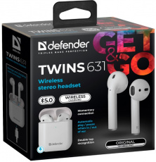Гарнитура Defender Twins 631 (затычки, беспроводная, Bluetooth 5.0, с микрофоном, до 4 часов работы от батареи, white)