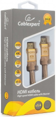 Кабель HDMI (m) - HDMI (m) 1.0m (CC-G-HDMI03-1M, 4K, ver.1.4, с позолоченными контактами, тканевая оплётка, gold) Cablexpert