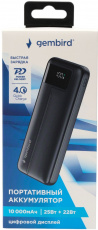 Внешний аккумулятор Gembird GPB-10Q (литий-полимерный, 10000mAh, выход 3A, вход 2.5А, QC4.0, PD, black)