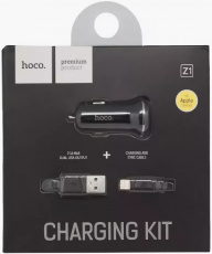 Зарядное устройство от прикуривателя hoco Z1 (12/24V - USB, 2*USB, 2.1А max, кабель Lightning 1m, black)