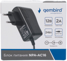 Блок питания Gembird NPA-AC16 (вход 100-240V, выход 12V - 2A, 24W, штекер 5.5х2.1mm, кабель 1m, black)