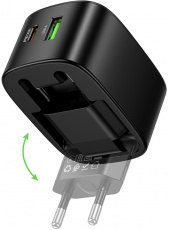 Адаптер питания скоростной hoco CS102A Folding (100/240V - USB, USB Type-C, 3А, 30W, супер быстрая зарядка, QC3.0, PD3.0, black)
