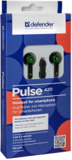 Наушники Defender Pulse 420 (затычки, с микрофоном, 1.1m, black-green)