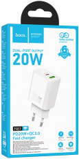 Адаптер питания hoco N61 Gentle (100/240V - USB, USB Type-C, 3А, 20W, быстрая зарядка, QC3.0, PD, GaN, white)