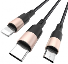 Кабель USB 2.0 Am - Lightning + micro USB + Type-C 1.0m (X26 Xpress, 2A, нейлоновая оплётка, black-gold) hoco