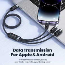 Кабель USB 2.0 Am - Lightning + micro USB + Type-C 1.2m (3A, быстрая зарядка, нейлоновая оплётка, black-grey) Toocki