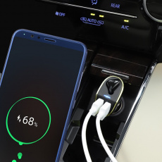 Гарнитура автомобильная (Handsfree) hoco E47 Traveller (вкладыш моно правый, беспроводная, Bluetooth 5.0, с микрофоном, до 2.5 часов работы от батареи, зарядное устройство в прикуриватель, 2*USB 3.1A, быстрая зарядка, black)