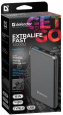 Внешний аккумулятор Defender ExtraLife Fast 10000D (литий-полимерный, 10000mAh, 2*USB 3A, вход 2.4A, быстрая зарядка устройств, silver-black)
