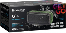 Колонка Defender G14 (7W, портативная, аккумулятор 1200mAh, Bluetooth v.5.0, AUX, USB, MicroSD, FM, MP3, TWS, до 4 часов работы от батареи, подсветка, black-green)