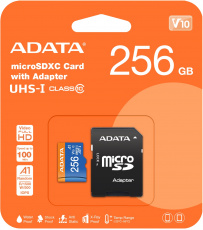 Карта памяти SDXCmicro Card 256GB ADATA (AUSDX256GUICL10A1-RA1, Class 10, UHS-I, 100/25MB/s, адаптер SD)
