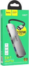 Док-станция USB Type-C (m) - HDMI (f) + USB3.0 (f) + 2x USB2.0 + Type-C (f) (HB27, 4K, PD 100W, кабель 0.15m, grey) hoco