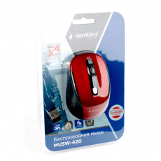 Мышь беспроводная Gembird MUSW-420-1 (optical, 1600dpi, 2xAAA, soft-touch, black-red)