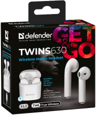 Гарнитура Defender Twins 630 (затычки, беспроводная, Bluetooth 5.0, с микрофоном, до 4 часов работы от батареи, white)