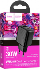 Адаптер питания скоростной hoco CS23A Sunlight (100/240V - USB, USB Type-C, 3А, 30W, супер быстрая зарядка, QC3.0, PD, black)