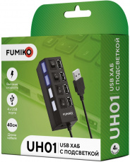 USB 2.0 HUB FUMIKO UH01 (FUH01-01, 4 порта, активный, выключатели, black)