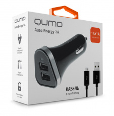 Зарядное устройство от прикуривателя QUMO Auto Energy 2A (0063) (2 USB разъёма, 1A+1A, кабель microUSB 1m, black-silver)