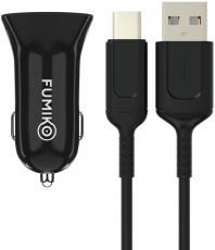 Зарядное устройство от прикуривателя FUMIKO CC06 (FCC06-08, 12/24V - USB, 2 USB разъёма, 2.4А max, быстрая зарядка, кабель Type-C 1m, black)