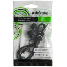 Наушники Defender Basic-603 (затычки, без микрофона, 1.1m, black)