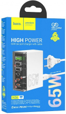 Адаптер питания скоростной hoco N36 Fuerza (100-240V - 6x USB, USB Type-C, 5V-3А, 9V-3A, 12V-3A, 15V-3A, 20V-3.25A, 65W max, быстрая зарядка, QC3.0, PD, GaN, кабель 1.2m, white-black)
