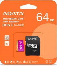 Карта памяти SDXCmicro Card 64Gb ADATA (AUSDX64GUICL10-RA1, Class 10, UHS-I, 80MB/s, адаптер SD)