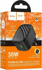 Адаптер питания скоростной hoco CS102A Folding (100/240V - USB, USB Type-C, 3А, 30W, супер быстрая зарядка, QC3.0, PD3.0, black)