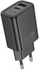 Адаптер питания hoco N61 Gentle (100-240V - 2x USB, USB Type-C, 5V-3А, 9V-2.2A, 12V-1.6A, 20W, быстрая зарядка, QC3.0, PD, GaN, black)