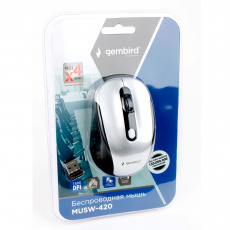 Мышь беспроводная Gembird MUSW-420-4 (optical, 1600dpi, 2xAAA, soft-touch, black-silver)