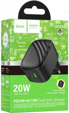 Адаптер питания hoco CS101A (100-240V - USB, USB Type-C, 5V-3А, 9V-2,22A, 12V-1.67A, 20W, супер быстрая зарядка, QC3.0, PD3.0, black)