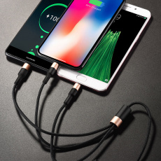 Кабель USB 2.0 Am - Lightning + micro USB + Type-C 1.0m (X26 Xpress, 2A, нейлоновая оплётка, black-gold) hoco