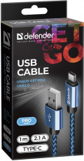 Кабель USB 2.0 Am - Type-C 1.0m (USB09-03T PRO, 2.1A, нейлоновая оплётка, blue) Defender
