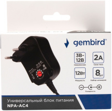 Блок питания универсальный Gembird NPA-AC4 (вход 110-240V, выход 3/4.5/5//6/7.5/9/12V, 2A max, 12W, black)