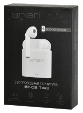 Гарнитура Arian BT-02 TWS (затычки, беспроводная, Bluetooth 5.0, с микрофоном, до 3 часов работы от батареи, white)