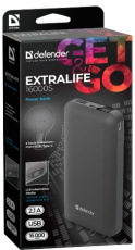 Внешний аккумулятор Defender ExtraLife 16000S (литий-полимерный, 16000mAh, USB 2.1A, вход 2A, grey)