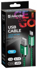 Кабель USB 2.0 Am - micro USB 1.0m (USB08-03T PRO, 2.1A, нейлоновая оплётка, green) Defender